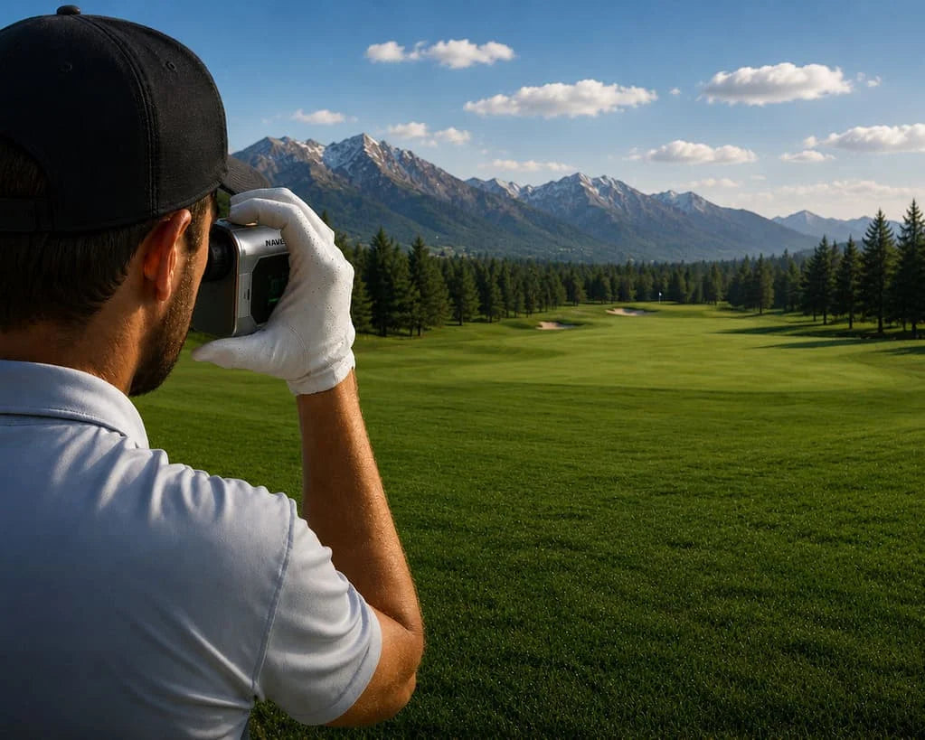 Golfer holding the NAVEE MINI Rangefinder while getting a distance from very far away
