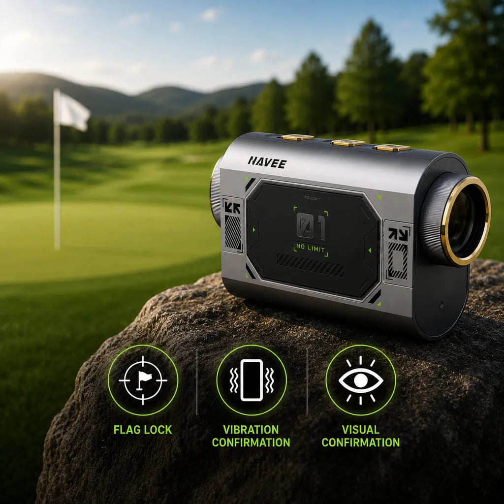 NAVEE MINI Rangefinder showing it has flag lock, vibration and visual confirmation of the yardage
