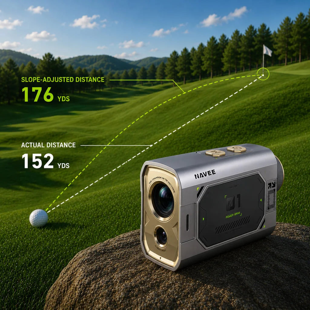 NAVEE MINI Rangefinder show the actual distance and slope adjusted distance