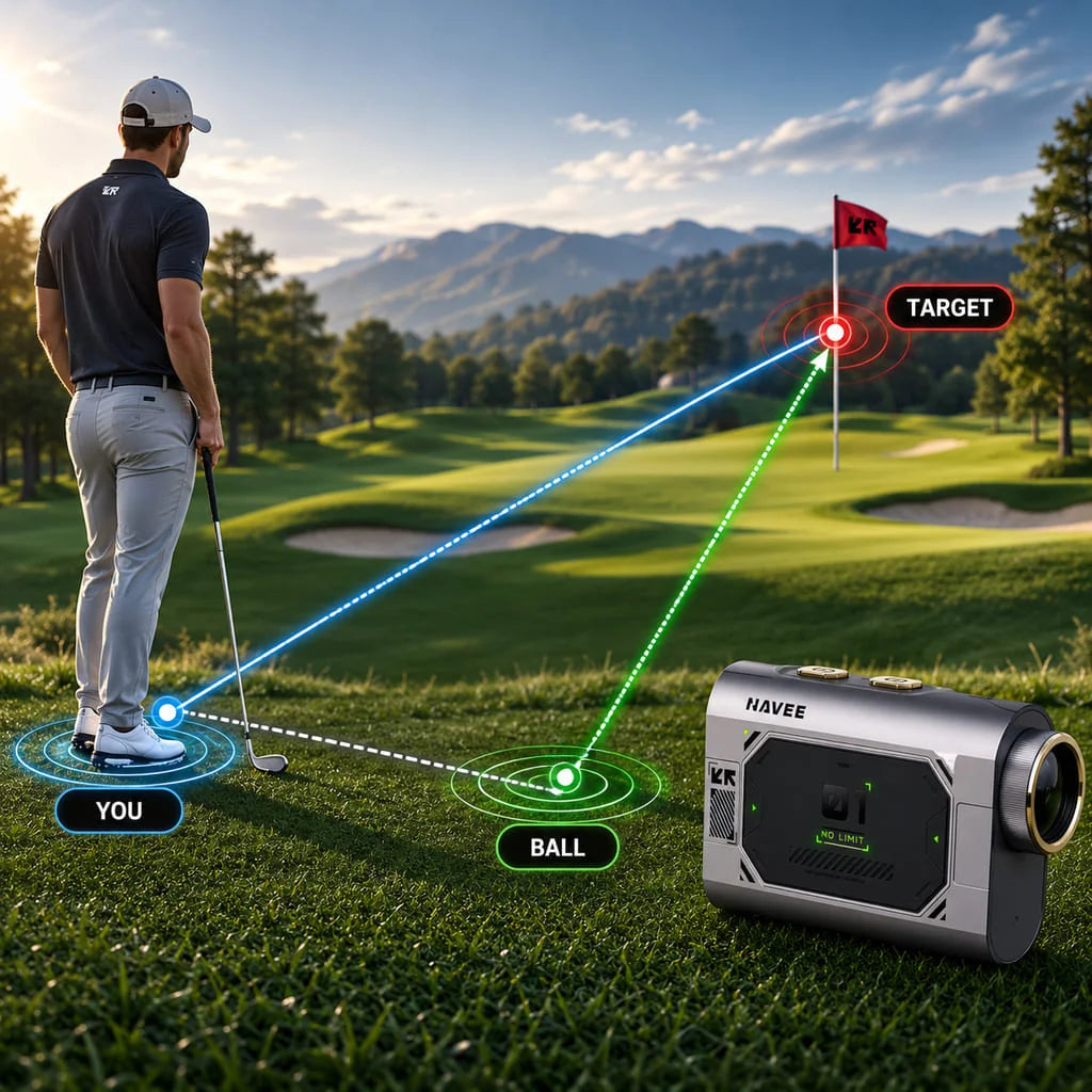 NAVEE MINI Rangefinder showing the triangulation feature using a golfer, ball and target